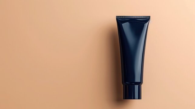 A classic navy blue hand cream tube against a warm beige background, offering a dependable and sophisticated look for a skincare line