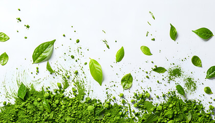 Green matcha powder and leaves falling on white background