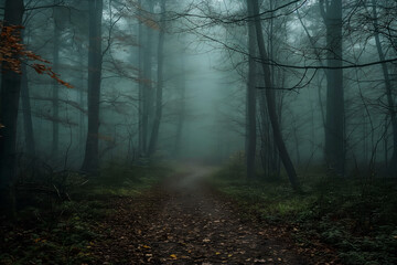 Obraz premium Misty forest trail, atmospheric woods, foggy morning walk
