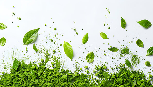 Green matcha powder and leaves falling on white background