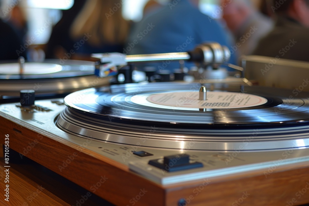 Poster retro vinyl record player in a nostalgic setting