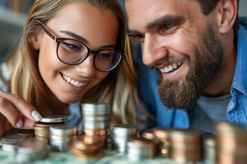 The beautiful woman wearing glasses smiles as she carefully stacks coins, while the well-groomed bearded man nearby laughs as he counts his money.