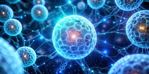 Microscopic view of a cyan-colored cell illuminated by luminescent lights