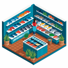 Naklejka premium Isometric Fishmonger's with Fresh Seafood Display
