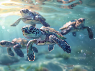 Obraz premium Baby Turtles Underwater, Generative AI Illustration