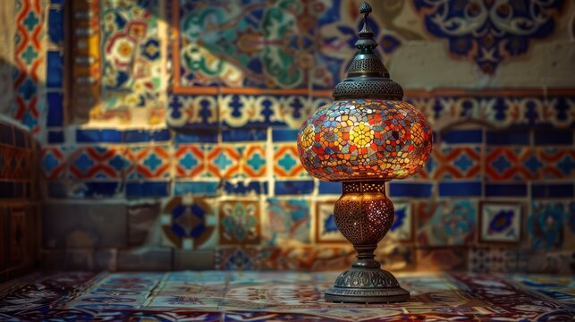 A handcrafted mosaic lamp on a background of Turkish tiles, highlighting intricate designs and cultural artistry