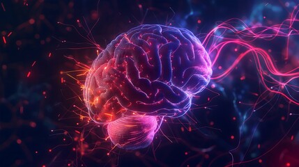 Digital Neural Network Concept. Illustration of a brain with neon lights and connections, symbolizing neural networks and artificial intelligence. 