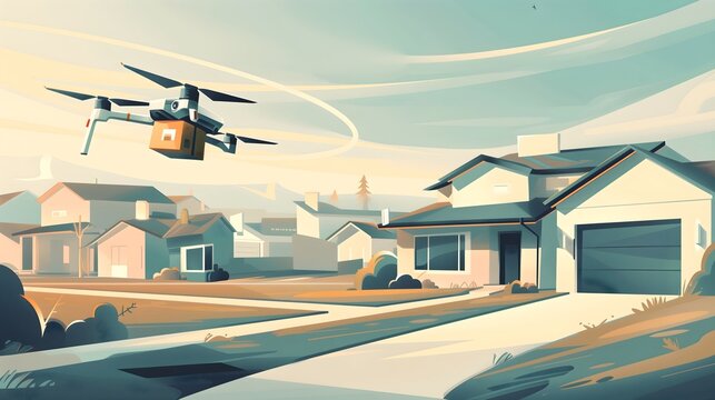 Drone Delivering Package to Suburban Home. Illustration of a drone carrying a package to suburban neighborhood. The serene setting emphasize the convenience and innovation of modern delivery systems.