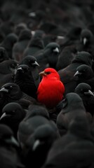 Obraz premium Bright red bird standing out among a group of black birds, symbolizing individuality and uniqueness in nature.