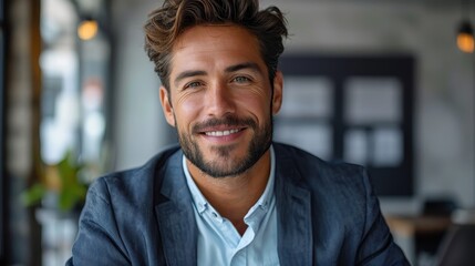 Obraz premium A businessman is engaged and smiling in a formal setting, exuding confidence and professionalism. The corporate environment and modern attire complement his approachable demeanor.
