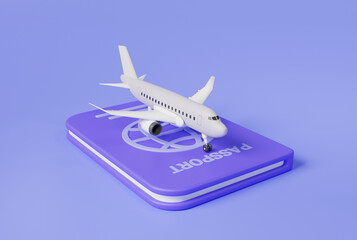 Airplane with passport. Aircraft trip, Travel and vacation around the world, Passport for travel and immigration, international travel and tourism. Travel transport concept. 3d render illustration