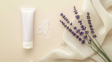 A lavender hand cream tube on a cream-colored background, ideal for a soothing and therapeutic skincare product presentation