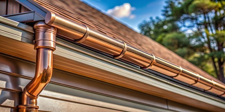 New copper gutter system on brown siding home.