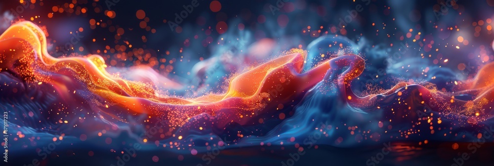 Poster abstract colorful wave of particles on a dark background. digital art and modern design concept. ban