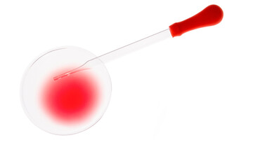 Medical round glass type Petri dishes with blood samples and Glass pipette with flask on blank background