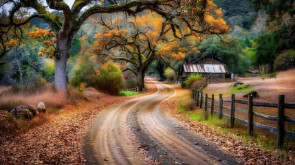 Naklejka premium Curving Dirt Road Lined With Autumn Leaves, Leading To A Rustic Barn With A Tin Roof