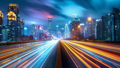 High-speed highway in the city, with tall buildings and street lights along it. Long exposure, Cityscape with Light Trails at Night