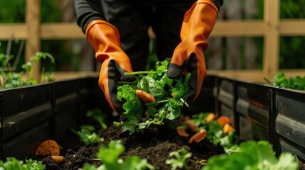 Fototapeta premium Close-up of hands wearing gloves harvesting fresh lettuce from a raised bed garden. Gardening and healthy lifestyle concept.