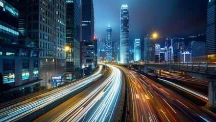 Obraz premium High-speed highway in the city, with tall buildings and street lights along it. Long exposure, Cityscape with Light Trails at Night