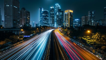 Fototapeta premium High-speed highway in the city, with tall buildings and street lights along it. Long exposure, Cityscape with Light Trails at Night