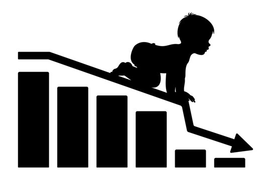 Silhouette of a baby crawling down a descending chart. Birth rate decreasing concept. Vector Illustration