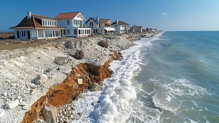 Realistic photo of coastal erosion's impact on a seaside community, with homes perilously close to the edge, emphasizing the human cost of natural phenomena. , Minimalism,