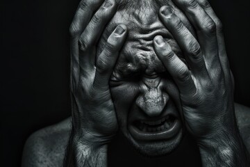 Dramatic black and white photo of a person expressing intense emotional pain and anguish, gripping their head in distress.