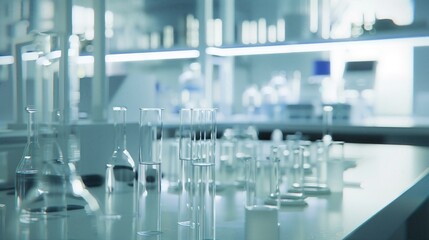 Modern laboratory with various glassware and scientific equipment on a clean workspace counter, showcasing a sterile environment.