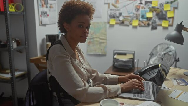 A focused african woman detective working at her office surrounded by investigation clues.