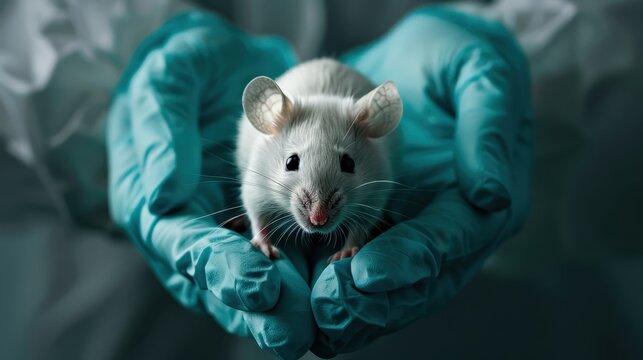 Lab technician wearing gloves holding a white laboratory mouse, highlighting scientific research and medical experiments.