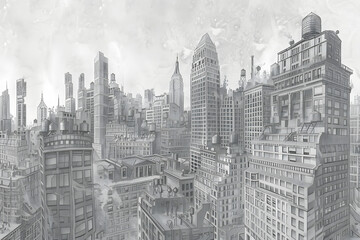 A detailed pencil drawing of a city skyline at dusk, with intricate architectural details and soft shading, rendered on a piece of textured paper