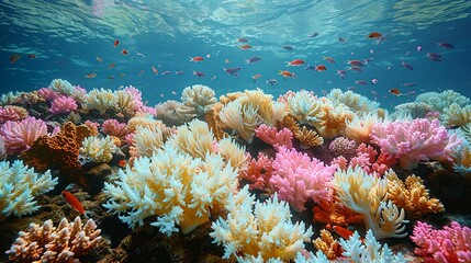 Realistic photo of coral bleaching in a vibrant underwater ecosystem, showcasing the stark contrast between healthy and bleached corals, highlighting the impact of global warming. , Minimalism,
