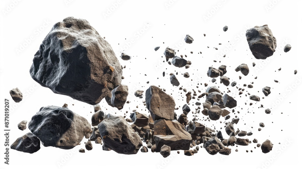 Poster a swarm of asteroids, some large, some small, float in a dynamic, chaotic pattern against a white ba