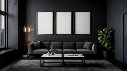 Modern black living room with gray furniture, large windows, and stylish decor featuring blank picture frames and indoor plant.