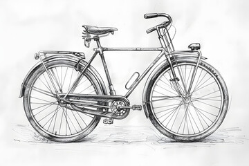 Fototapeta premium A pencil drawing of an old-fashioned bicycle, with detailed spokes and frame, set against a clean paper background, capturing the charm of the vintage design 