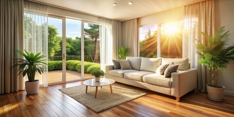 Fototapeta premium Spacious and sunlit modern living room with large windows and white sofa on hardwood floor