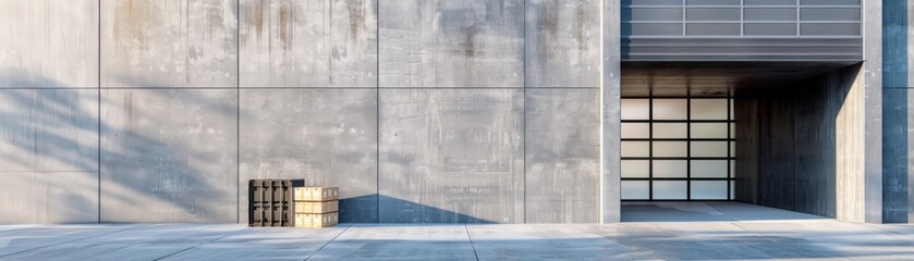 Modern industrial warehouse exterior with large garage door, concrete walls, and stacked pallets, bathed in natural sunlight.