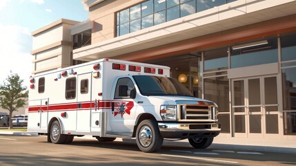 Emergency ambulance parked outside a modern hospital building
