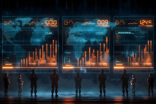 Military Personnel Analyzing Global Data. The visual emphasizes the strategic importance of data analysis in defense operations, with detailed maps and graphs.