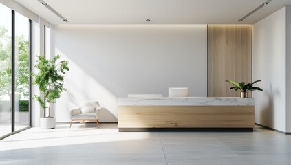 a large open office space with a white desk and a potted plant by AI generated image
