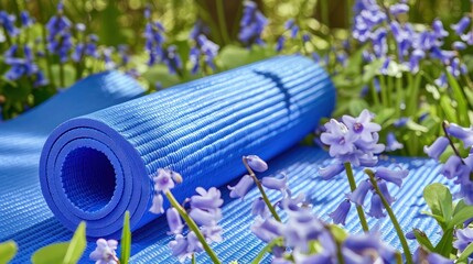 A royal blue yoga mat on a background of bluebells, offering a calming and trustworthy vibe for a fitness product