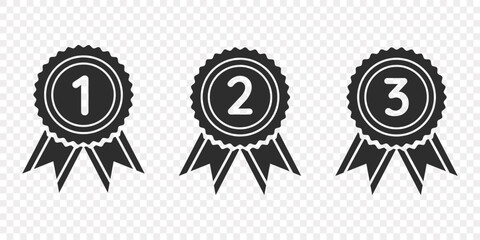 Black medals, awards, ribbons for first, second, third place with round edges. Isolated on transparent background