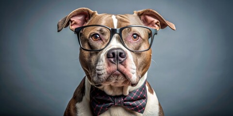 Studio-shot portrait of an elegant Pit Bull adorned with eyeglasses and a bow tie