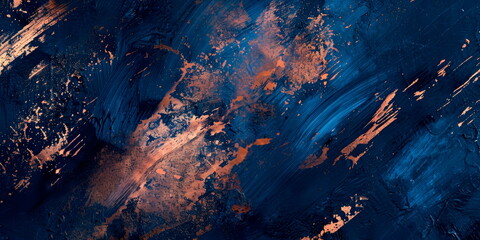 Rose gold brushstrokes on a navy blue canvas, abstract, metallic sheen