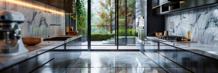 Sleek modern kitchen with high-end stainless steel appliances and marble countertops