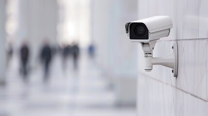 Surveillance camera on a wall, overseeing a public square, people walking through, high-tech security for public safety, recording every movement