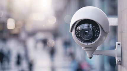 Surveillance camera on a wall, overseeing a public square, people walking through, high-tech security for public safety, recording every movement