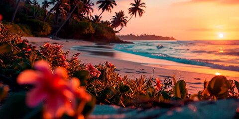 Background with a tropical setting, featuring palm trees, exotic flowers, and a sunset on the beach. Generative AI
