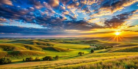 Surreal Kansas Sunset Captivating Landscape of Golden Prairie, Vast Skies, Great Plains
