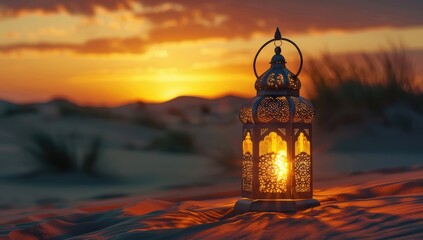 Lantern in the desert at sunset. Ramadan Kareem background